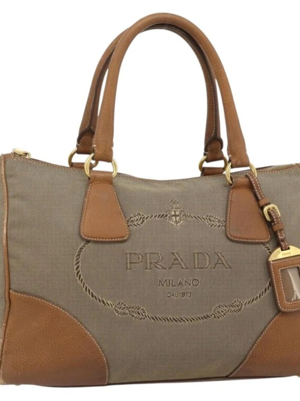 PRADA Hand Bag Canvas Leather Brown Gold Auth